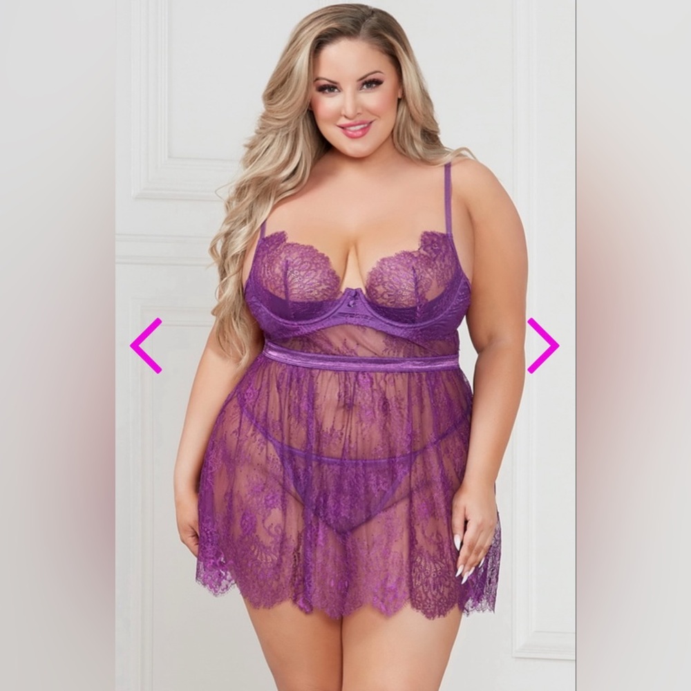NWT Size 3X/4X Seven ‘til Midnight Purple Eyelash Lace Babydoll and Panty Set